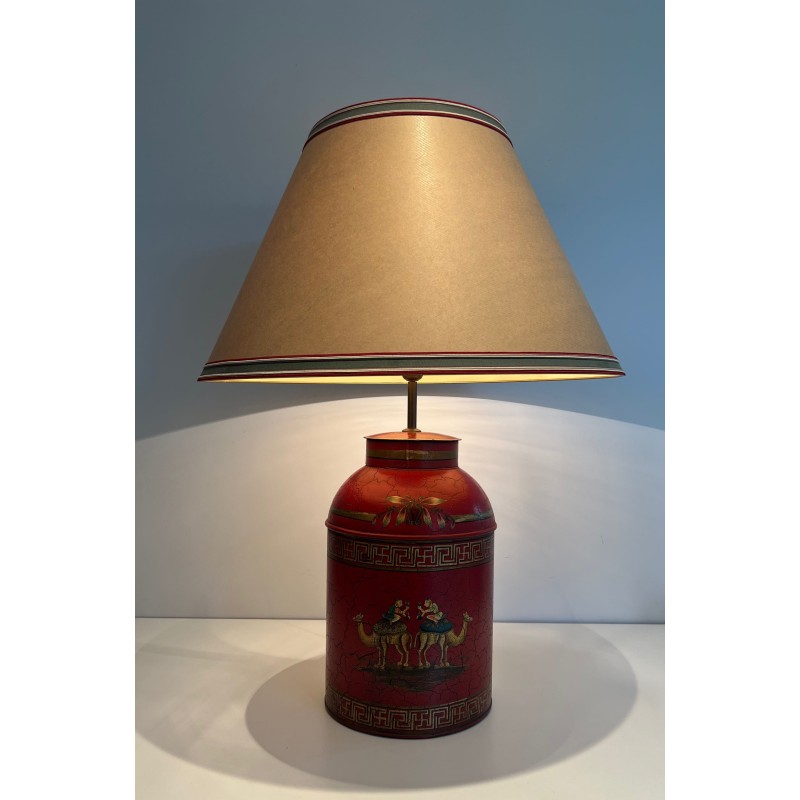 Red Toleware Lamp Chinoiserie | 20th Century Tea Caddy Lamp