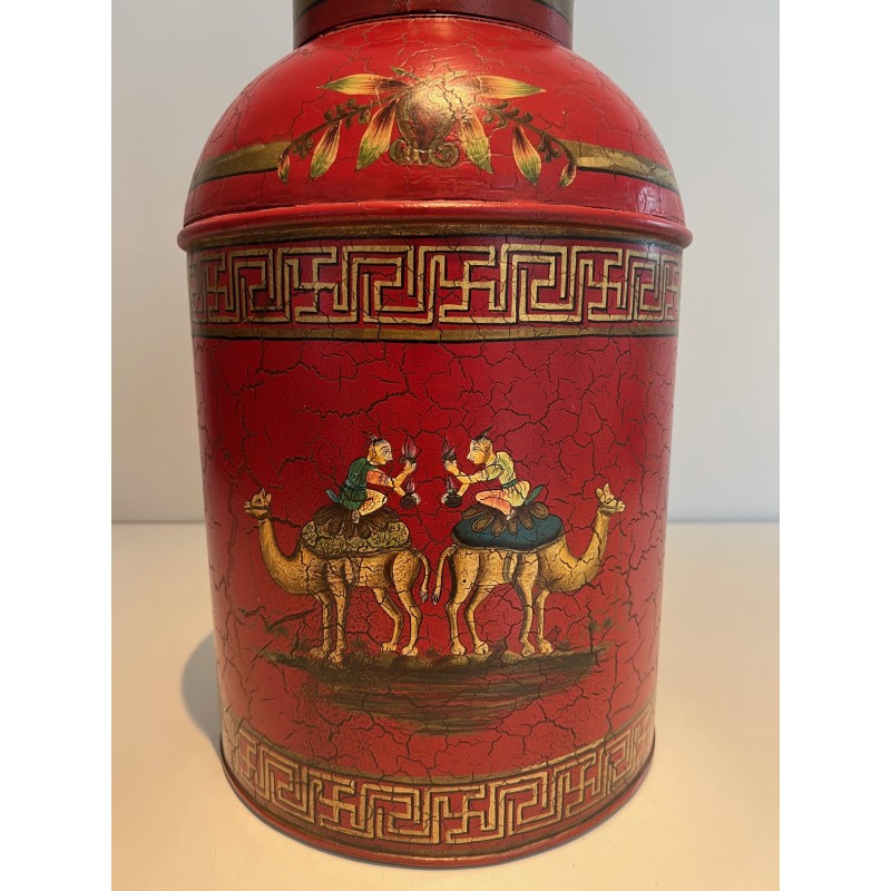 Lampe Tôle Peinte Rouge Chinoiseries | Boîte à Thé XXe Siècle