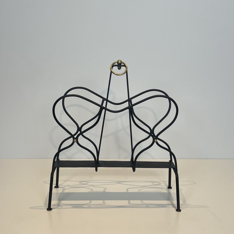 Black Metal & Brass Magazine Rack | Jacques Adnet 1950s