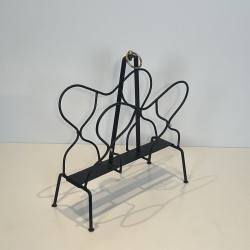 Black Metal & Brass Magazine Rack | Jacques Adnet 1950s