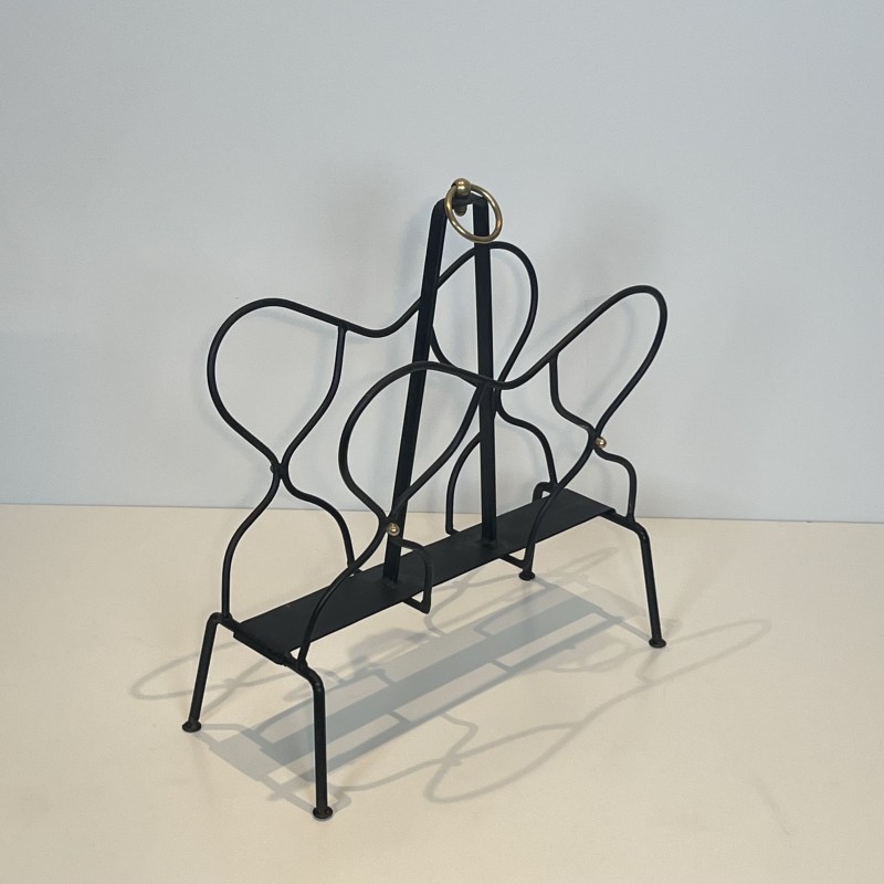 Black Metal & Brass Magazine Rack | Jacques Adnet 1950s