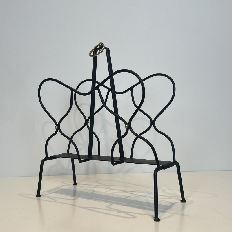 Black Metal & Brass Magazine Rack | Jacques Adnet 1950s