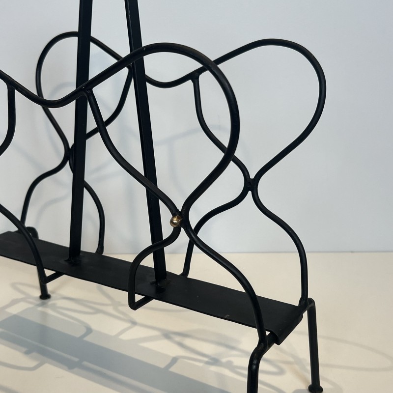 Black Metal & Brass Magazine Rack | Jacques Adnet 1950s