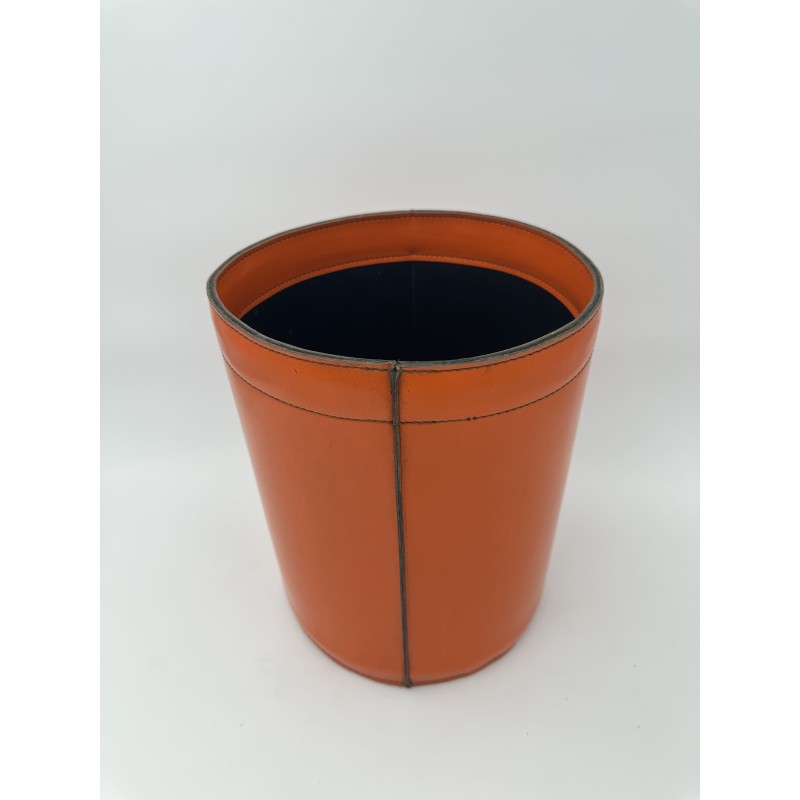 Orange Leather Wastebasket Saddle Stitch | Vintage Hermès Style