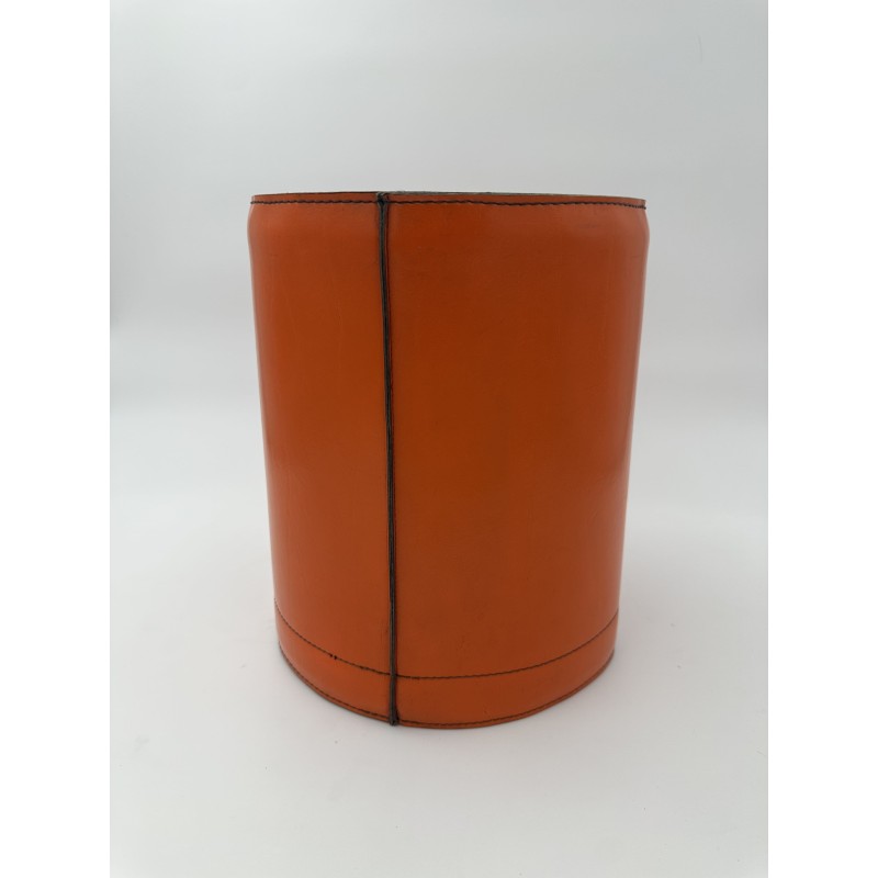 Orange Leather Wastebasket Saddle Stitch | Vintage Hermès Style