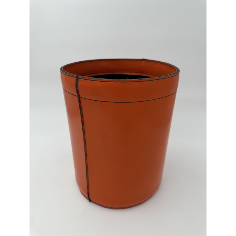Orange Leather Wastebasket Saddle Stitch | Vintage Hermès Style