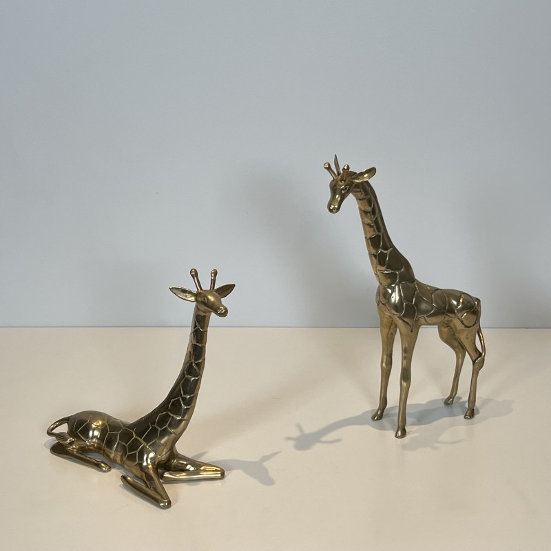 Pair of Polished Brass Giraffes | Vintage Sculpture 1970s
