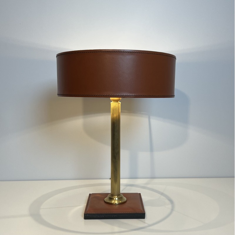 Lampe Cuir Camel & Laiton | Style Jacques Adnet Années 1950