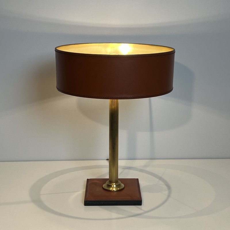 Lampe Cuir Camel & Laiton | Style Jacques Adnet Années 1950