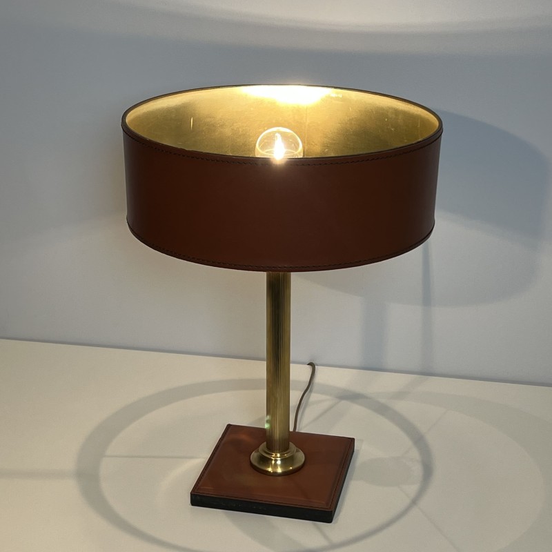 Camel Leather & Brass Desk Lamp | Jacques Adnet Style 1970s