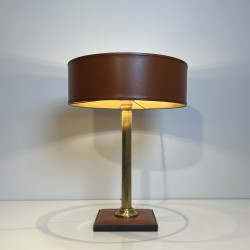 Camel Leather & Brass Desk Lamp | Jacques Adnet Style 1970s