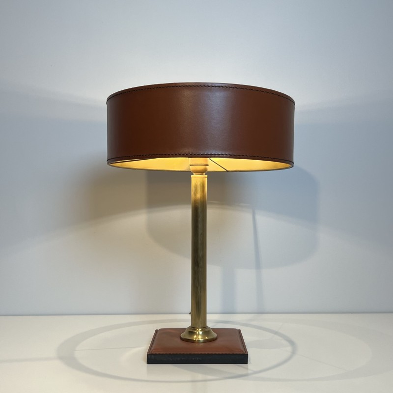 Lampe Cuir Camel & Laiton | Style Jacques Adnet Années 1950