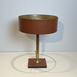 Lampe Cuir Camel & Laiton | Style Jacques Adnet Années 1950