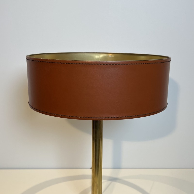 Camel Leather & Brass Desk Lamp | Jacques Adnet Style 1970s