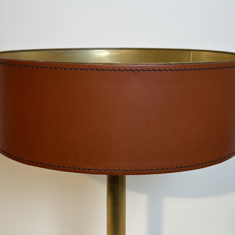 Lampe Cuir Camel & Laiton | Style Jacques Adnet Années 1950