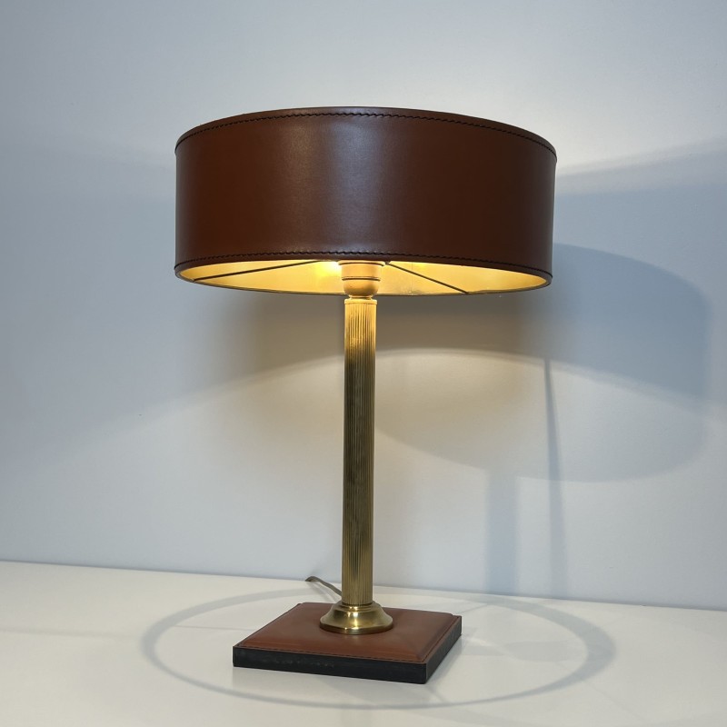 Camel Leather & Brass Desk Lamp | Jacques Adnet Style 1970s
