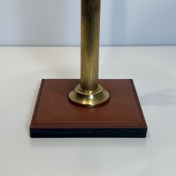 Camel Leather & Brass Desk Lamp | Jacques Adnet Style 1970s