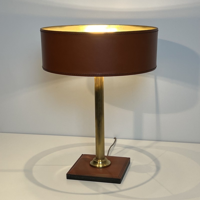 Lampe Cuir Camel & Laiton | Style Jacques Adnet Années 1950