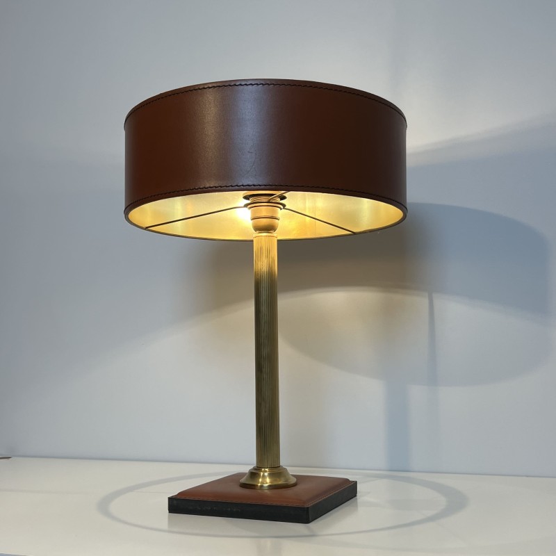 Camel Leather & Brass Desk Lamp | Jacques Adnet Style 1970s
