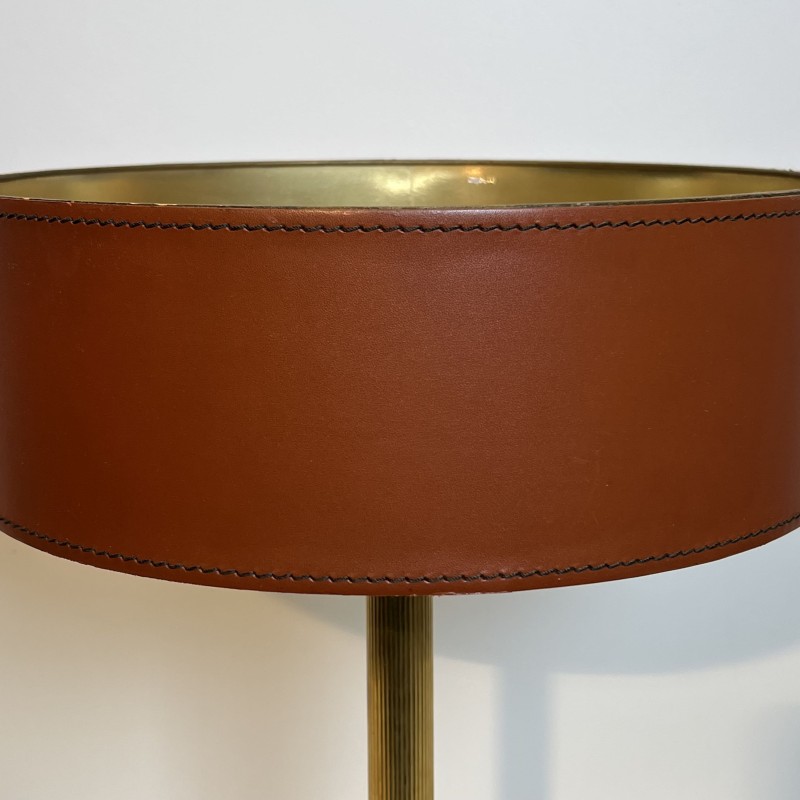 Camel Leather & Brass Desk Lamp | Jacques Adnet Style 1970s
