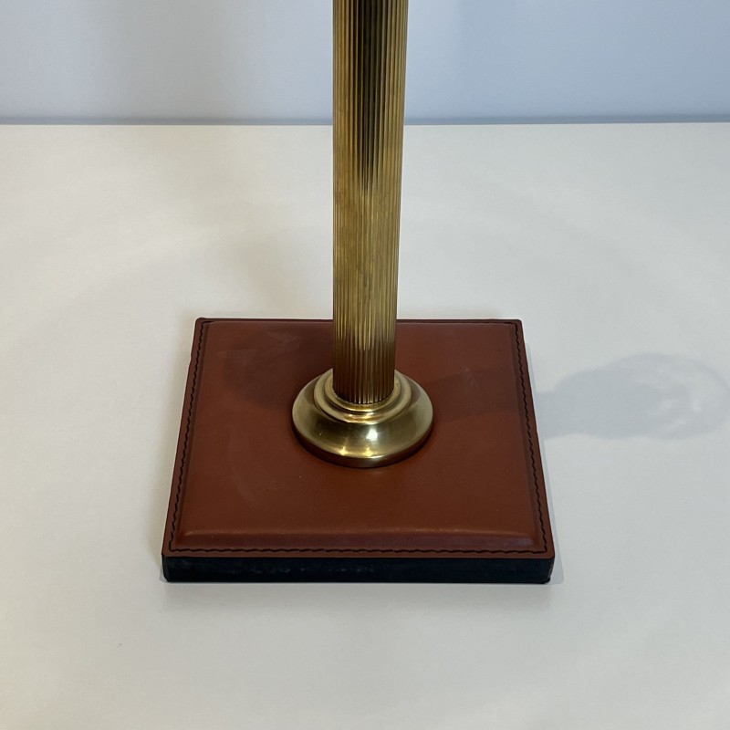 Lampe Cuir Camel & Laiton | Style Jacques Adnet Années 1950