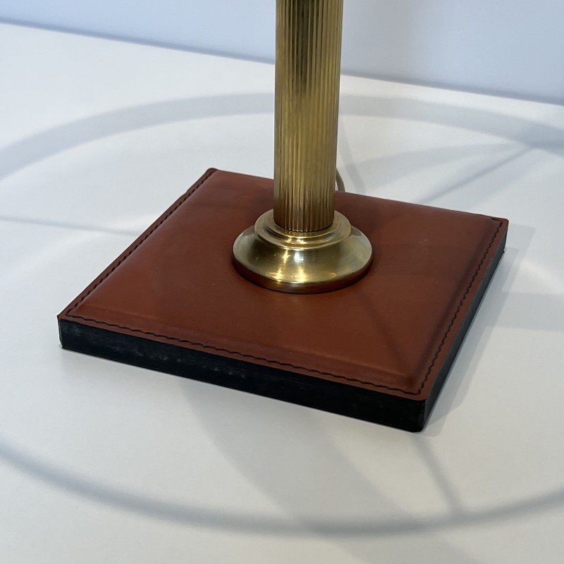 Camel Leather & Brass Desk Lamp | Jacques Adnet Style 1970s