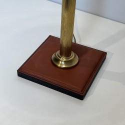 Camel Leather & Brass Desk Lamp | Jacques Adnet Style 1970s