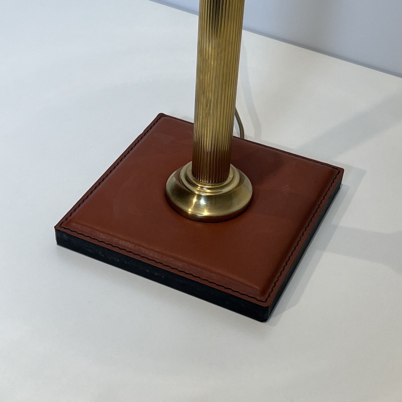 Lampe Cuir Camel & Laiton | Style Jacques Adnet Années 1950