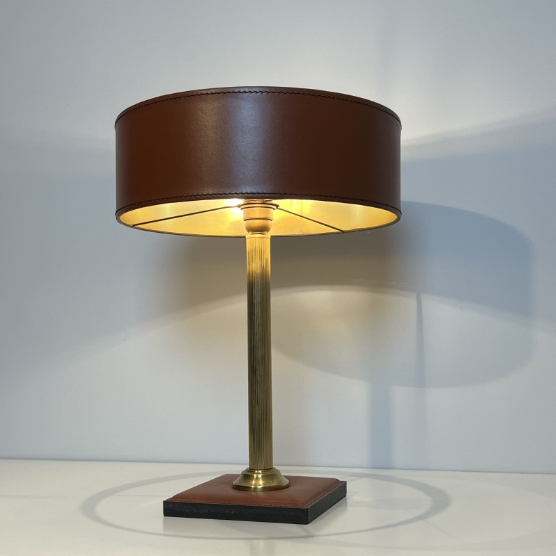 Camel Leather & Brass Desk Lamp | Jacques Adnet Style 1970s