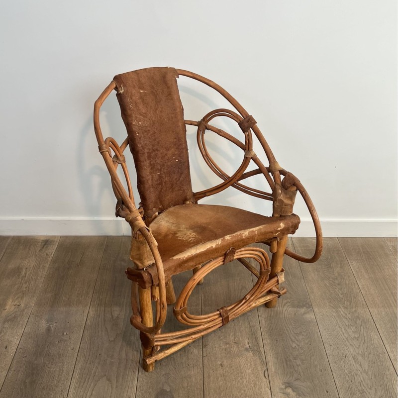 Fauteuil Rotin et Peau de Vache | Design Italien Années 60-70