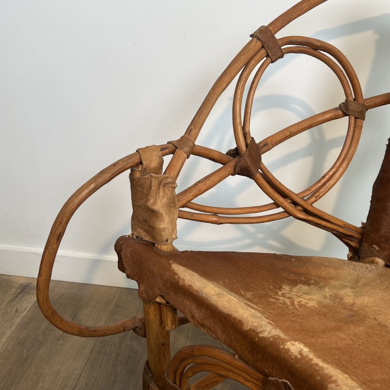 Rattan & Cowhide Armchair | 1960s-1970s Italian Design