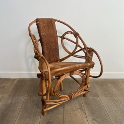 Fauteuil Rotin et Peau de Vache | Design Italien Années 60-70