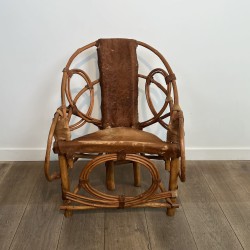 Fauteuil Rotin et Peau de Vache | Design Italien Années 60-70