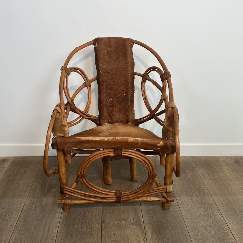 Rattan & Cowhide Armchair | 1960s-1970s Italian Design