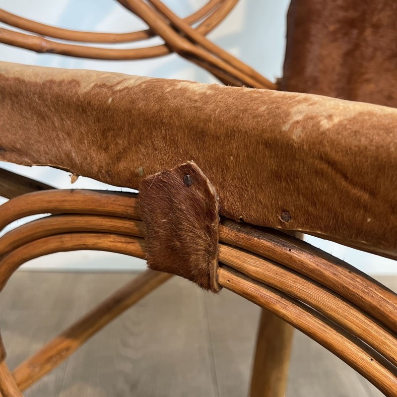 Fauteuil Rotin et Peau de Vache | Design Italien Années 60-70