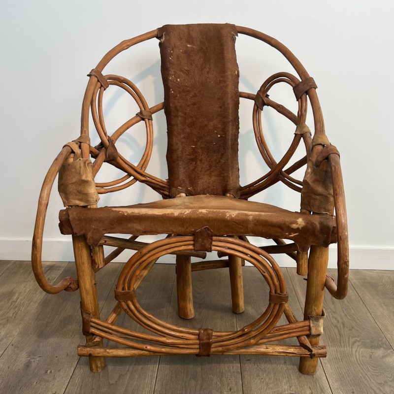 Rattan & Cowhide Armchair | 1960s-1970s Italian Design