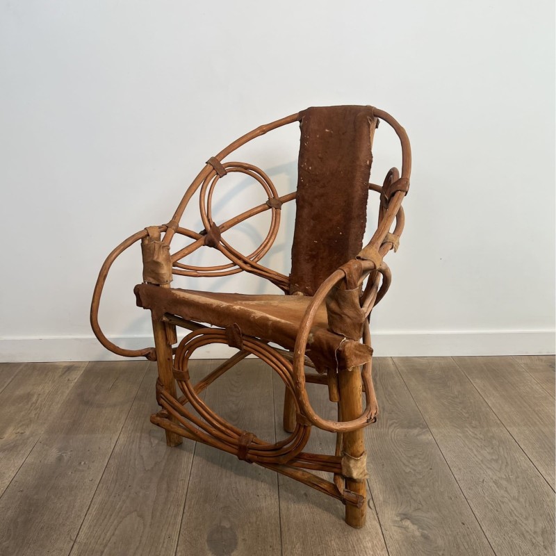 Rattan & Cowhide Armchair | 1960s-1970s Italian Design