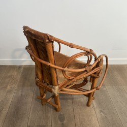 Rattan & Cowhide Armchair | 1960s-1970s Italian Design
