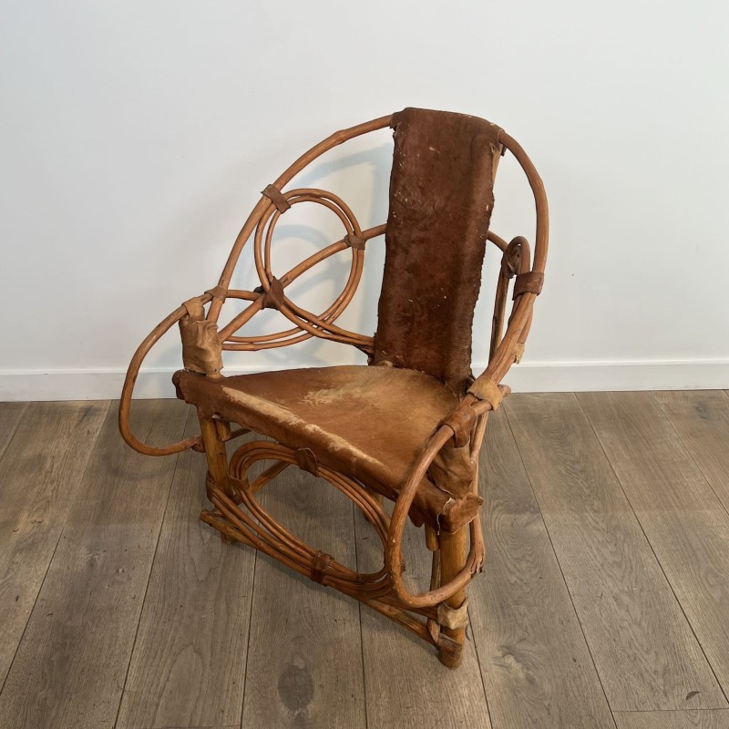 Fauteuil Rotin et Peau de Vache | Design Italien Années 60-70