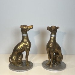 Pair Gilded Wood Greyhounds | Mid-20th Century Italian Sculpture