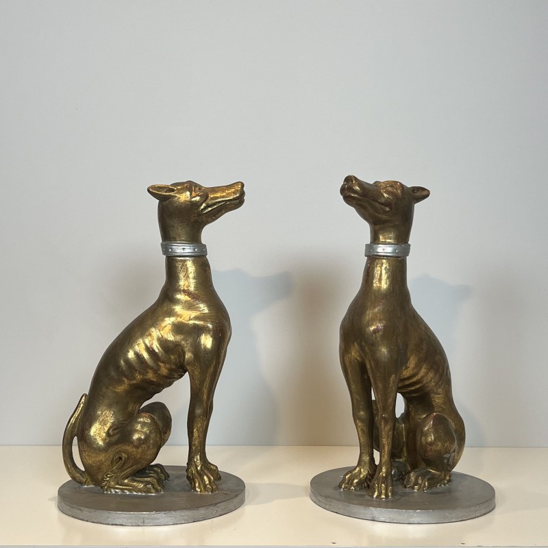Pair Gilded Wood Greyhounds | Mid-20th Century Italian Sculpture