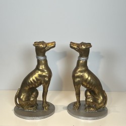 Pair Gilded Wood Greyhounds | Mid-20th Century Italian Sculpture