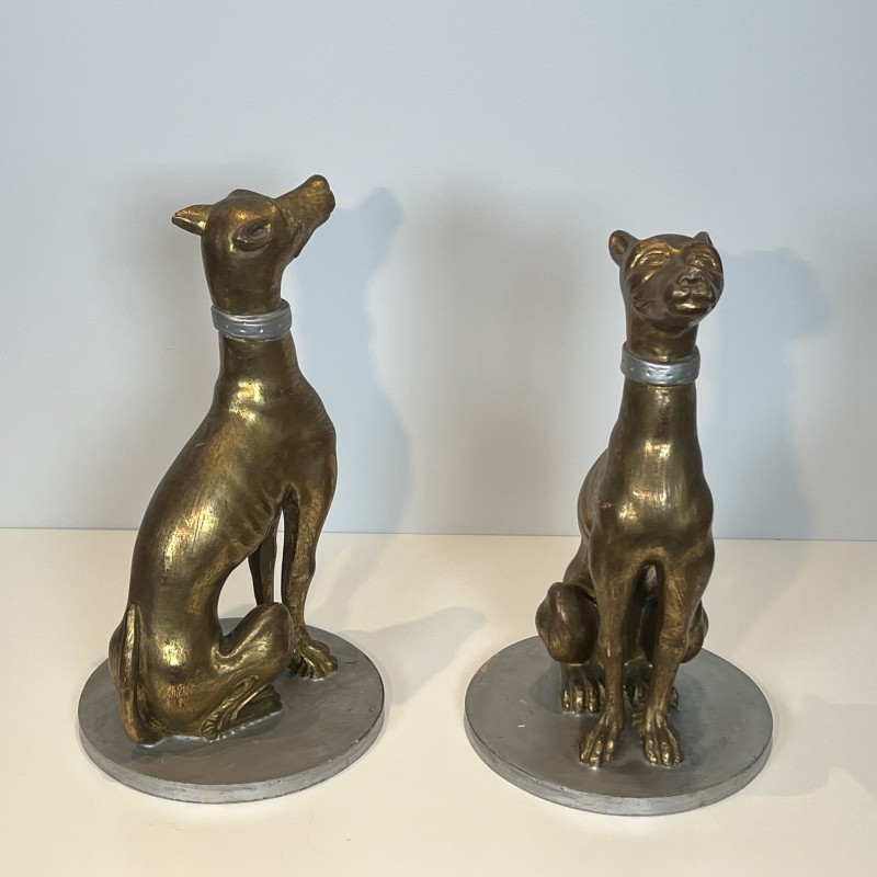 Pair Gilded Wood Greyhounds | Mid-20th Century Italian Sculpture
