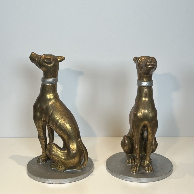 Pair Gilded Wood Greyhounds | Mid-20th Century Italian Sculpture