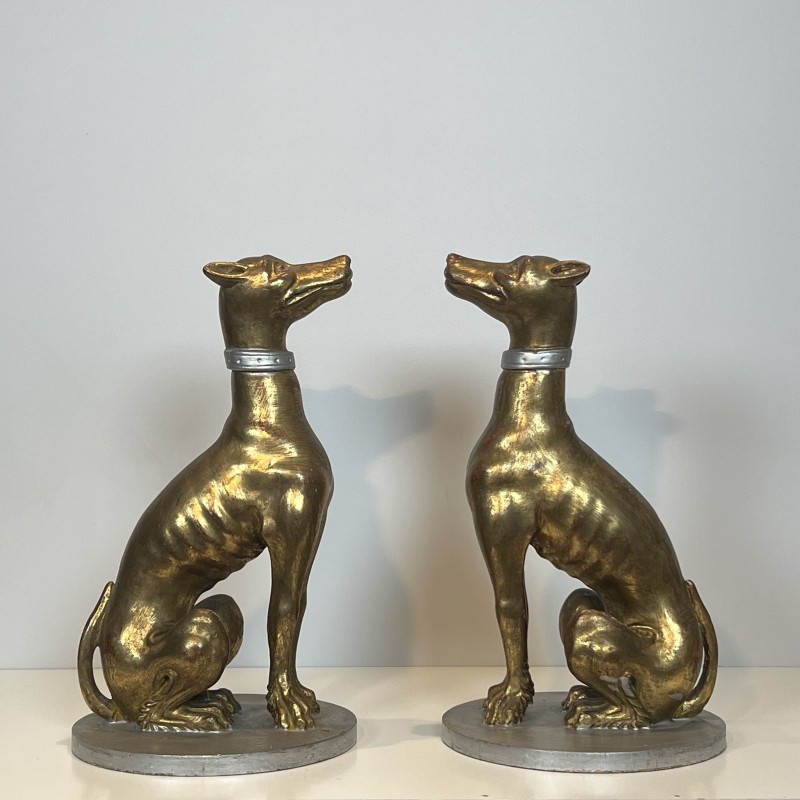 Pair Gilded Wood Greyhounds | Mid-20th Century Italian Sculpture
