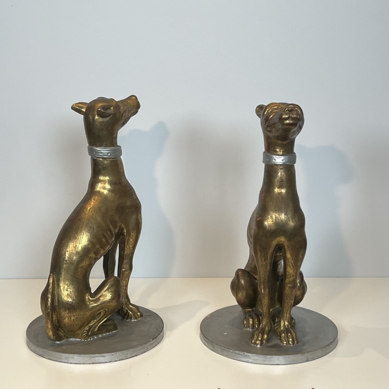 Pair Gilded Wood Greyhounds | Mid-20th Century Italian Sculpture