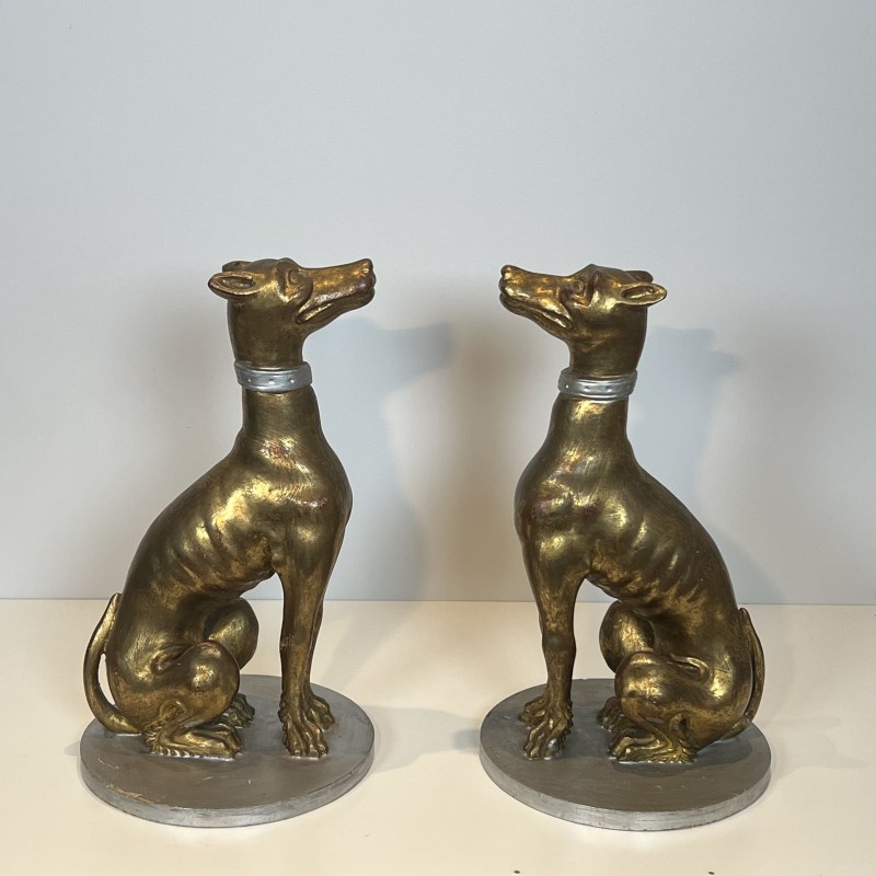 Pair Gilded Wood Greyhounds | Mid-20th Century Italian Sculpture