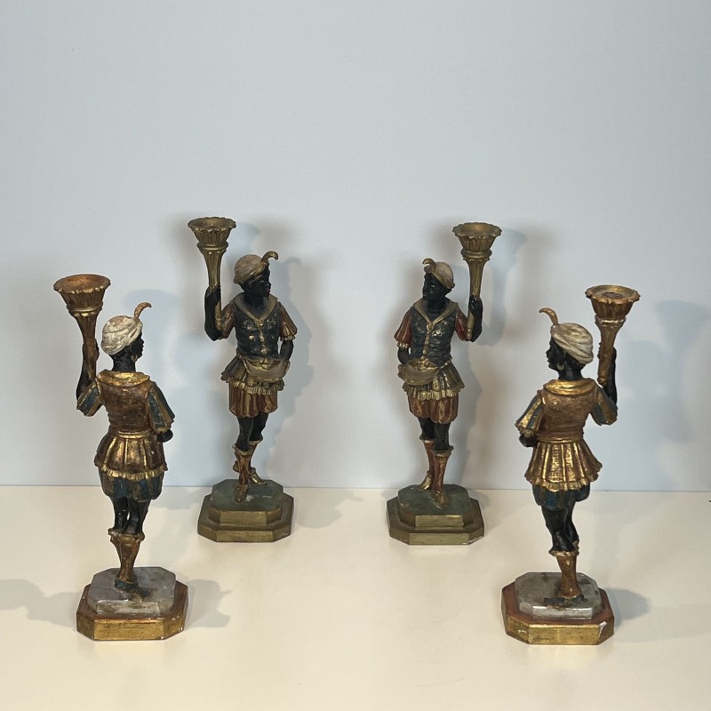 Suite de Quatre Sculptures Porte-Torchères "Moretti" Polychromes, Style Vénitien, 1950s