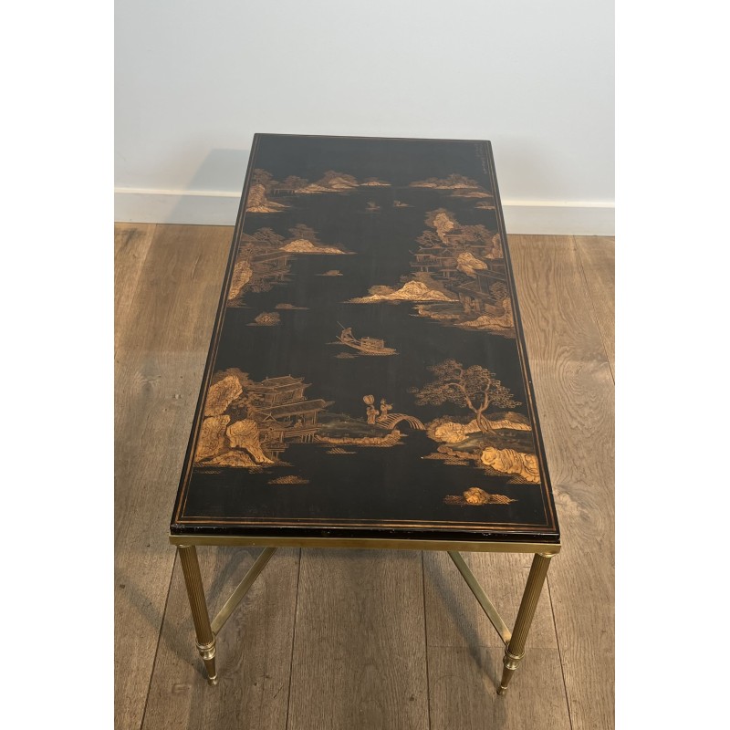 Brass & Chinoiserie Lacquer Coffee Table | Maison Jansen 1940s