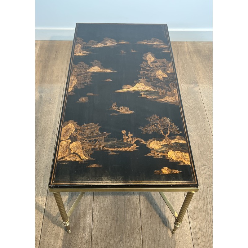 Brass & Chinoiserie Lacquer Coffee Table | Maison Jansen 1940s